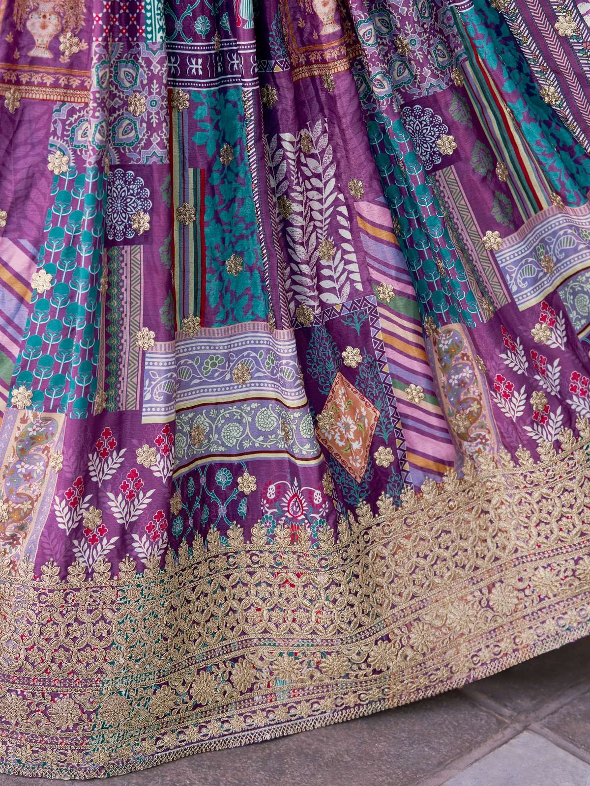  Purple Multicolor flower Printed Lehenga Choli in Chinnon Silk fabric supplier in surat 7050 Purple 